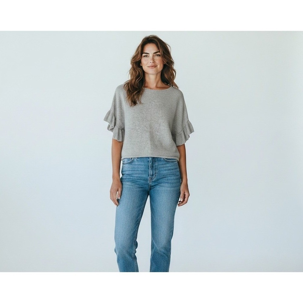 Saks Fifth Avenue Cashmere Ruffle Bell Sleeve Top Women Size S Gray Short Sleeve